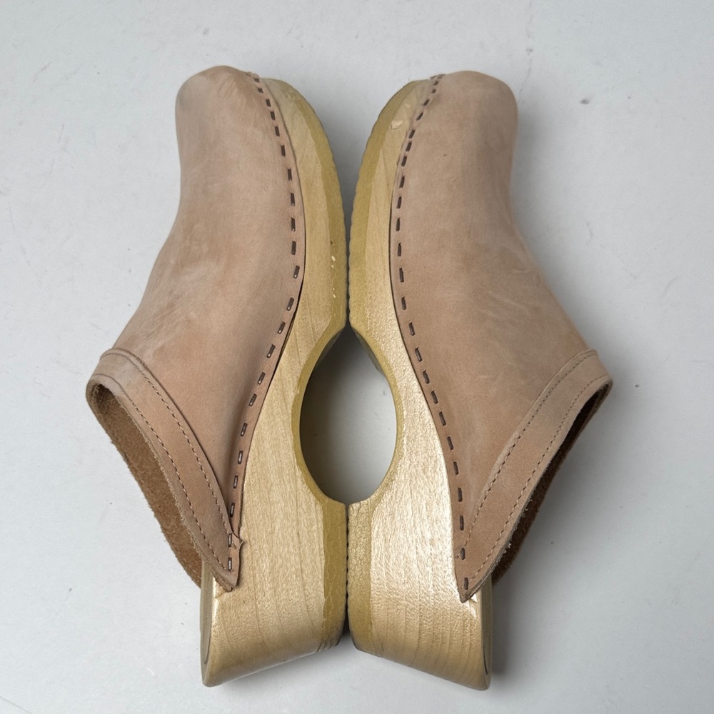 No. 6 Old School Clogs Neutral Tan Suede Mid Heel Wooden Minimal NYC Designer 41 - Picture 7 of 14